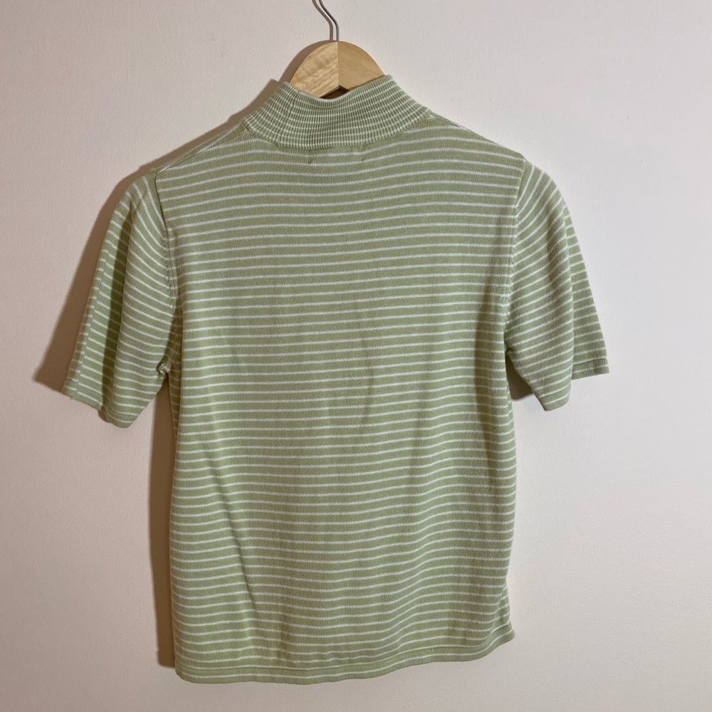 VTG Charter Club Light Green and White Striped Mock Neck Short Sleeve Top Size M - Picture 3 of 5